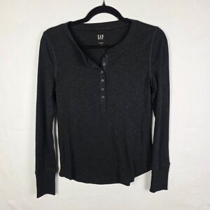 GAP Rib Henley Top Womens XS Black Long Sleeve Cotton Blend Slub Knit Shirt
